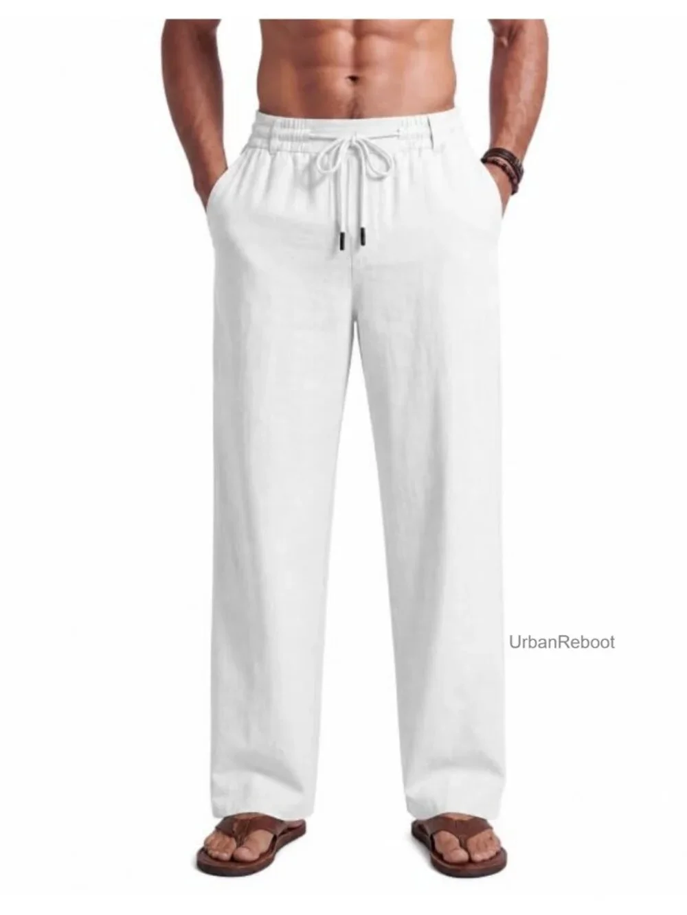 Men's Cotton Linen Pants Drawstring Elastic Waist Casual Loose Fit Straight Leg